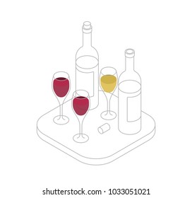 Wine tasting isometric line vector illustration. Wine shop or degustation concept. Presentation of alcohol. White and red wine on a stand with a glass of wine. Idea for a bar or restaurant.