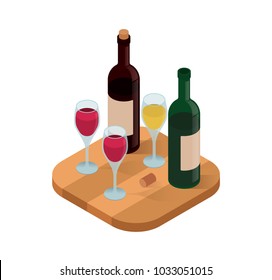 Wine tasting isometric vector illustration. Wine shop or degustation concept. Presentation of alcohol. White and red wine on a wooden stand with a glass of wine. Idea for a bar or restaurant.