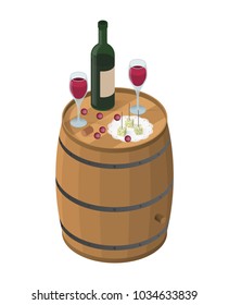 Wine tasting isometric vector illustration. Wine shop or wine degustation concept. Presentation of alcohol. Red wine stand on a wooden barrel. Idea for a bar or restaurant.