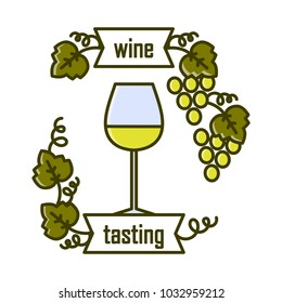 Wine tasting is a laconic emblem in a linear flat style. A glass of white wine digital stamp.