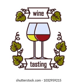 Wine tasting is a laconic emblem in a linear flat style. Two glasses with red and white wine digital stamp.