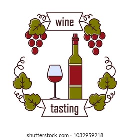 Wine tasting is a laconic emblem in a linear flat style. Bottle and a glass with red wine digital stamp.