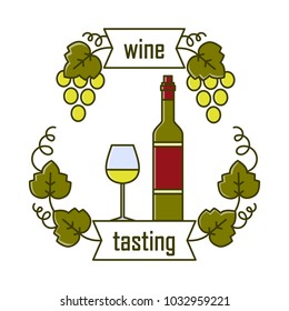 Wine tasting is a laconic emblem in a linear flat style. Bottle and a glass with white wine digital stamp.