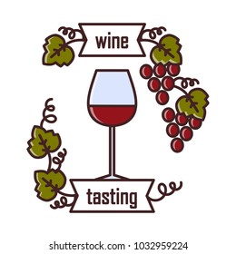 Wine tasting is a laconic emblem in a linear flat style. A glass of red wine digital stamp.