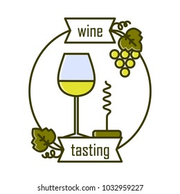 Wine tasting is a laconic emblem in a linear flat style. A glass of white wine and a corkscrew digital stamp.