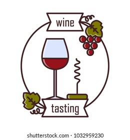 Wine tasting is a laconic emblem in a linear flat style. A glass of red wine and a corkscrew digital stamp.