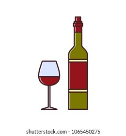 Wine tasting is a laconic emblem in a linear flat style. Bottle and a glass with red wine digital stamp.