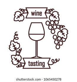 Wine tasting is a laconic emblem in a linear flat style. A glass of wine digital stamp.