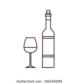 Wine tasting is a laconic emblem in a linear flat style. Bottle and a glass of wine digital stamp.