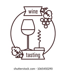 Wine tasting is a laconic emblem in a linear flat style. A glass of wine and a corkscrew digital stamp.