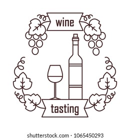 Wine tasting is a laconic emblem in a linear flat style. Bottle and a glass of wine digital stamp.