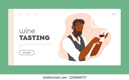 Wine Tasting Landing Page Template. Sommelier or Steward Holding Wineglass with Luxury Beverage. Specialist Taster Male Character Tasting Alcohol Drinks in Bar. Cartoon People Vector Illustration