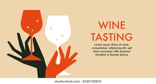 Wine tasting layout template. Two hands holding champagne, sparkling wine glass. Flat vector illustration for event, wine party, presentation, promotion, menu, invitation. National Wine Day design