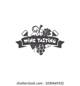 Wine tasting logo template. Drink, alcoholic monochrome art, beverage symbol. Vine icon and typography design. Winery premium quality sign. Stock vector illustration isolated on dark.