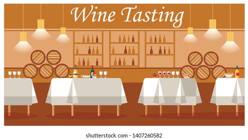 Wine Tasting in Luxury Winery Flat Vector Banner Template. Bottles of Expensive Alcohol on Shelves, Barrels. Wine Store, Shop. Tasting Room Interior. Degustation Event Poster Design Layout