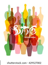 Wine tasting menu. Colored silhouettes of bottles. Lettering in the form of wine corkscrew. Template for restaurants, bars, tasting rooms, shops.