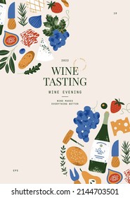 Wine Tasting Minimalist Poster. Charcuterie Board Design Template. Assortment Of Appetizers. Food Banner. Antipasti.