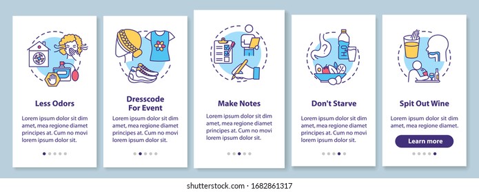 Wine tasting onboarding mobile app page screen with concepts. Winetasting event manners and rules walkthrough 5 steps graphic instructions. UI vector template with RGB color illustrations