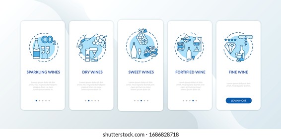 Wine tasting onboarding mobile app page screen with concepts. Winemaking process from grape harvest walkthrough 5 steps graphic instructions. UI vector template with RGB color illustrations