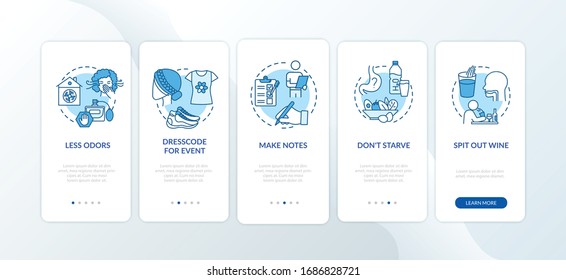 Wine tasting onboarding mobile app page screen with concepts. Recommendation for attending event walkthrough 5 steps graphic instructions. UI vector template with RGB color illustrations