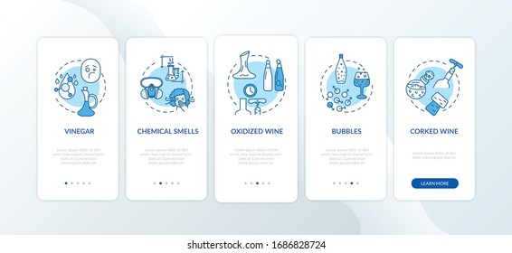 Wine Tasting Onboarding Mobile App Page Screen With Concepts. Winemaking Mistakes Sign In Wine Walkthrough 5 Steps Graphic Instructions. UI Vector Template With RGB Color Illustrations