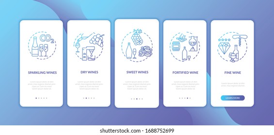 Wine tasting onboarding mobile app page screen with concepts. Production of different wine at distillery walkthrough 5 steps graphic instructions. UI vector template with RGB color illustrations