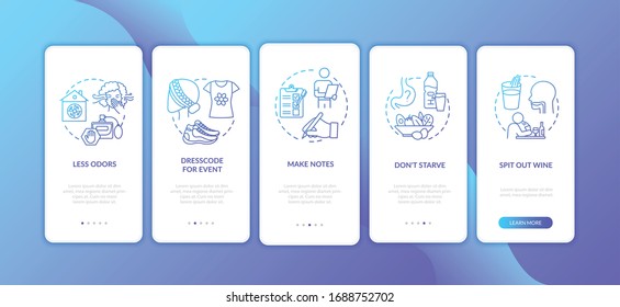 Wine tasting onboarding mobile app page screen with concepts. Food and drink tasting event at cafe walkthrough 5 steps graphic instructions. UI vector template with RGB color illustrations