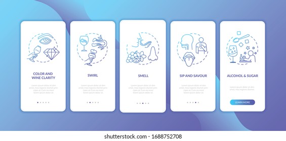 Wine tasting onboarding mobile app page screen with concepts. Inspect alcohol clarity with all senses walkthrough 5 steps graphic instructions. UI vector template with RGB color illustrations