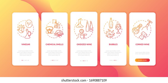 Wine tasting onboarding mobile app page screen with concepts. Poor quality alcohol from bottle damage walkthrough 5 steps graphic instructions. UI vector template with RGB color illustrations