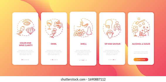 Wine Tasting Onboarding Mobile App Page Screen With Concepts. Sweet Beverage. Winemaking At Vineyard Walkthrough 5 Steps Graphic Instructions. UI Vector Template With RGB Color Illustrations