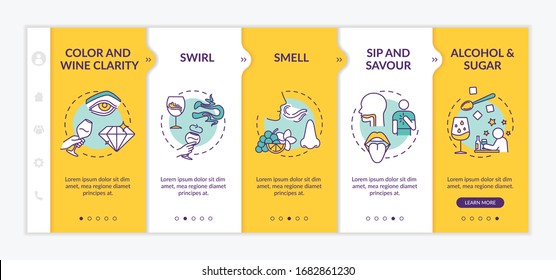 Wine tasting onboarding vector template. Sip and savour. Alcohol and sugar. Beverage quality assessment. Responsive mobile website with icons. Webpage walkthrough step screens. RGB color concept