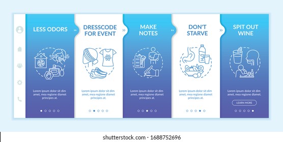 Wine tasting onboarding vector template. Less odor. Dresscode for event. Make notes. Dont starve. Responsive mobile website with icons. Webpage walkthrough step screens. RGB color concept