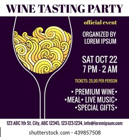 Wine tasting party flyer with stylized glass of white wine with swirls inside. Degustation invitation. EPS 10 vector design template.