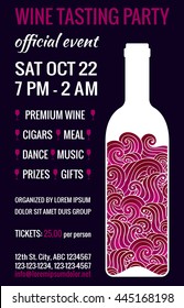 Wine tasting party flyer with stylized bottle of red wine with swirls inside. Degustation invitation. EPS 10 vector design template.