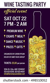 Wine tasting party flyer with stylized bottle of white wine with swirls inside. Degustation invitation. Brochure design template.EPS 10 vector illustration. Isolated. 