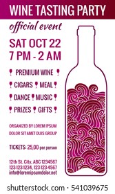 Wine tasting party flyer. Stylized bottle with swirls inside. Degustation invitation. Brochure design template.EPS 10 vector illustration. Isolated. 