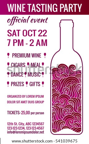 Wine tasting party flyer. Stylized bottle with swirls inside. Degustation invitation. Brochure design template.EPS 10 vector illustration. Isolated. 