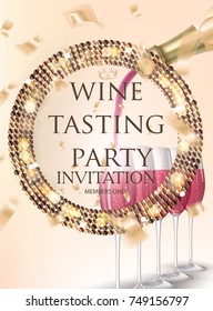 Wine Tasting Party With Glasses And Bottle Of Wine And Confetti. Vecto Rillustration