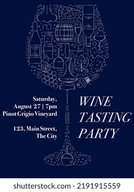 Wine tasting party silver invitation template. Invitation card with outline wine elements including bottle, wine glass, cheese, corkscrew, carafe, cork, wine stopper, barrel, grape vine 