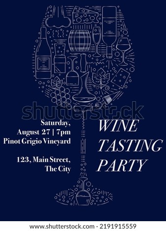 Wine tasting party silver invitation template. Invitation card with outline wine elements including bottle, wine glass, cheese, corkscrew, carafe, cork, wine stopper, barrel, grape vine 