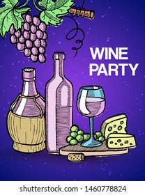 Wine tasting party vector illustration with vintage sketch glass and old bottles of wine, grapes and cheese. Degustation in wineshop invitation.