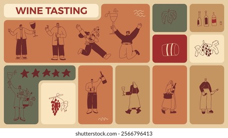 Wine tasting people on bento grid box background. Cellar event on modular mosaic grid. Party with alcohol drinks. Women and men with wineglasses visit a vineyard. Geometric vector doodle illustration.