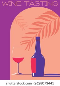 Wine tasting, poster beach party, drinks, alcohol. Wine bottle, glass, palm leaves, drink party, restaurant banner