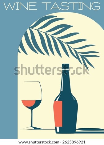 Wine tasting, poster beach party, drinks, alcohol. Vector design banner for bar, bottle and glass of wine, wine list, chardonnay, cabernet