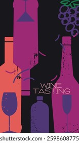 Wine tasting poster, design for bar menu, restaurant flat style. Vector design outline drawing alcohol, glasses on dark background