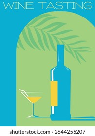 Wine tasting, poster for restaurant, wine bar outdoor area. Beach bar, palm trees, bottle of alcohol, glass, martini, liqueur, cocktail margarita