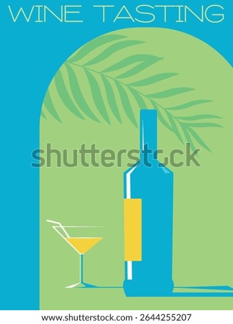 Wine tasting, poster for restaurant, wine bar outdoor area. Beach bar, palm trees, bottle of alcohol, glass, martini, liqueur, cocktail margarita