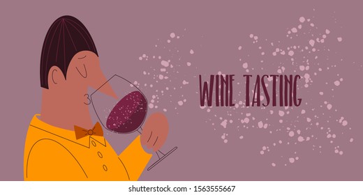 Wine tasting. Professional sommelier in a yellow jacket and a orange bow tie sips the red wine. A well dressed man with a big nose smells the aroma.  Expert enjoys the glass of wine.- Vector