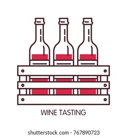Wine tasting promotional poster with bottles in wooden box