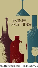 Wine tasting, restaurant banner, bar menu, wine list. Vector grunge design of wine bottle, glass, beach party